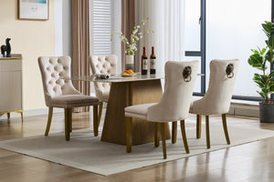 English Elm Mid-Century Lion Head Pull Ring Velvet Dining Chair with Tufted Cushion, Gold Wood Legs, Nailhead Trim Beige W1143P233644