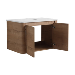 English Elm 30'' Wall-Mounted Bathroom Vanity with Soft-Close Doors, Rounded Edges, Plywood Durability, Space-Saving Imitative Oak W999P348977