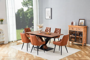 English Elm Modern Extendable Dining Table with Walnut MDF Veneer Top, Dual V-Shaped Metal Base, Sleek Durable Design Dark Walnut W3493S00007