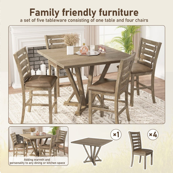 English Elm [5-Piece] Rustic Farmhouse Counter Height Dining Set With Upholstered Chairs For Cozy Spaces W2537S00002-GIGA