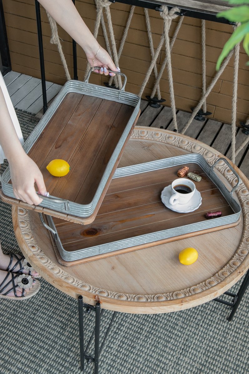 English Elm S/2 Rustic Fir Wood Serving Trays with Iron Accents for Farmhouse Tablescapes W2078P495641