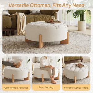 English Elm 32" Round Chenille Ottoman Tufted Footrest with Rubberwood Legs for Living Room Beige N723P405298A