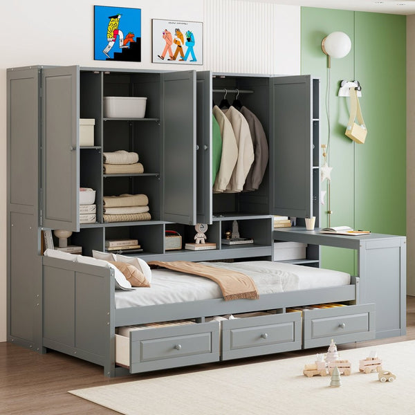 English Elm Twin Size Wooden Daybed With Integrated Desk, Storage Drawers, And Shelves - Stylish Gray Design! N820S00054E-GIGA