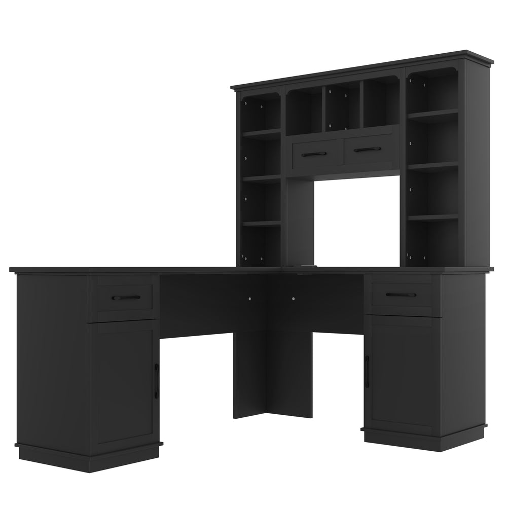 English Elm L-shaped computer desk with ample storage 11 shelves, 3 cabinets, 2 drawers, flip-up shelf for workspaces Black W1580S00189