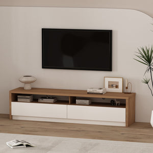 English Elm Duncan 70" TV Stand with Hidden Storage and Cable Management, Handle-Free Drawers, Easy Assembly Brown+White B365S00125