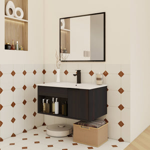 English Elm 30" Floating Bathroom Vanity Dark Oak Cabinet Ceramic Sink Open Shelf Soft Close W3450P435831