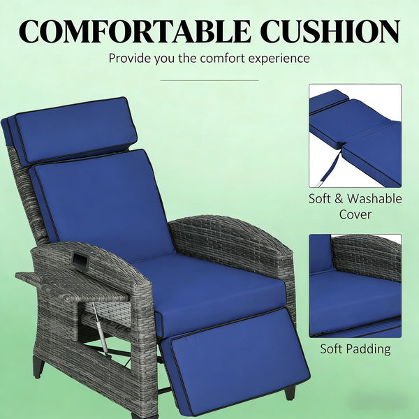 English Elm Reclining Pe Wicker Outdoor Lounge Chair with Footrest and Built-in Side Tray T3971P444413