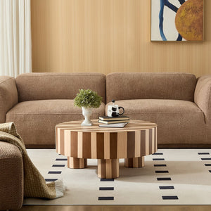 English Elm Round Red Oak Veneer Coffee Table Low Profile Two Tone Striped Modern Living Room Natural,Walnut W2085P384773