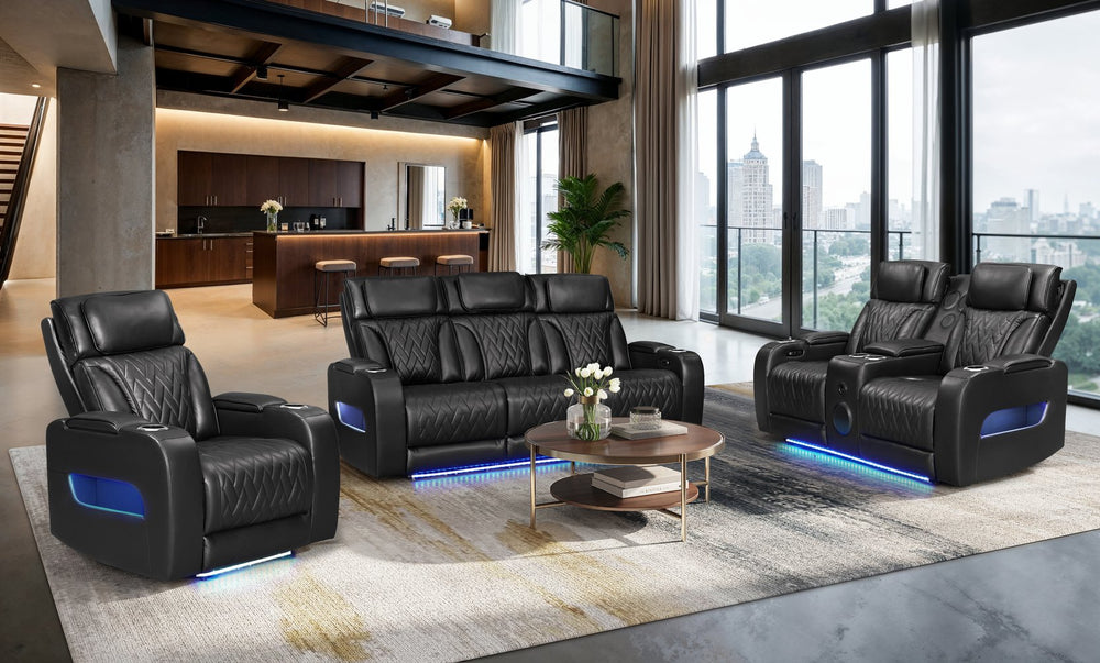 English Elm Jazz Black Leather Aire 3-Piece Power Reclining Sofa Set With Bluetooth Speakers & Usb Ports B061S00927
