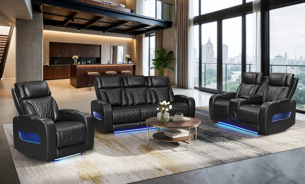 English Elm Jazz Black Leather Aire 3-Piece Power Reclining Sofa Set With Bluetooth Speakers & Usb Ports B061S00927