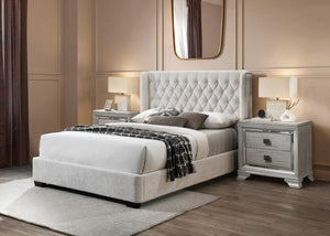 English Elm 1Pc Modern Upholstered Bed Frame With Tufted Winged Headboard In Soft Light Gray Tweed Fabric B2741S00258