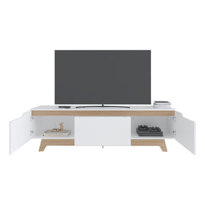 English Elm Yukon TV Stand with White & Macadamia Finish — Elegant Engineered Wood Media Console, 3 Doors, Ample Storage B092P315587