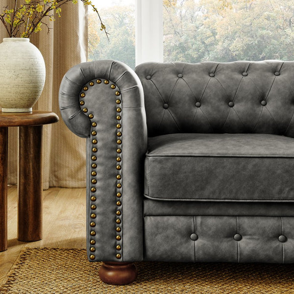English Elm Chesterfield Linen Tufted 3-Seater Sofa with Scrolled Arms and Nailhead Trim, Durable Plywood Frame Dark Gray W1413S00095