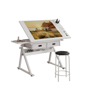English Elm Adjustable Drafting Desk with Tilting Mdf Top Two Drawers and Stool for Home Studio W347P442069