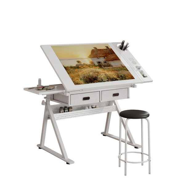 English Elm Adjustable Drafting Desk with Tilting Mdf Top Two Drawers and Stool for Home Studio W347P442069