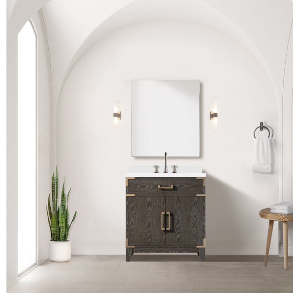English Elm Brown Oak Single Bath Vanity With White Quartz Countertop & 28" Mirror – Elegant Storage Solution B2731S01454