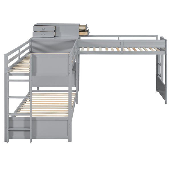 English Elm Twin L-shaped Bunk Bed Pine Wood Corner Design with Desk Drawers and Usb Charging Gray N820S00079E