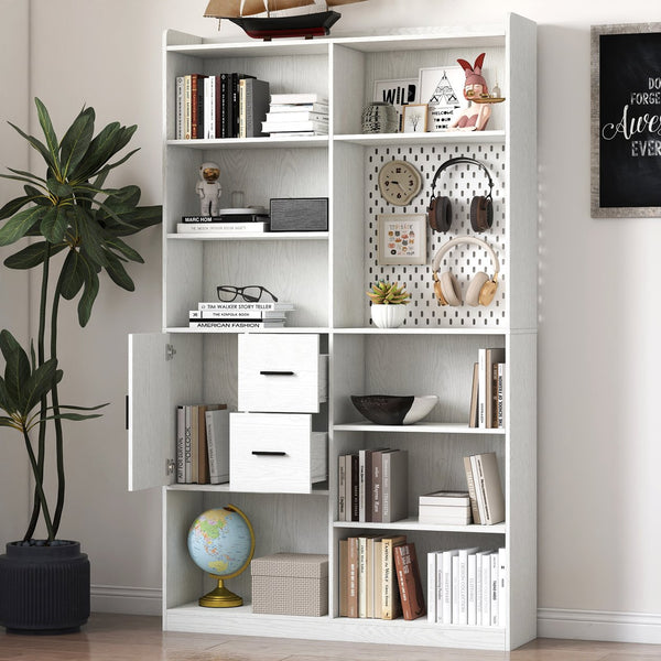 English Elm Bookshelf 79" Tall 9-Shelf White Pegboard Bookcase with 3 Deep Drawers, Modern Wide Storage Unit W331P295438