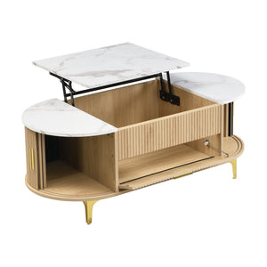 English Elm Modern Mid-century Coffee Table Tambour Doors Open Shelves Warm Wood Living Room Gold,Natural,White N770P333549N