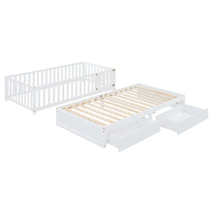 English Elm Twin Pinewood Daybed with Fence Guardrails Splits Into Two Floor Beds Storage White LP100881AAK