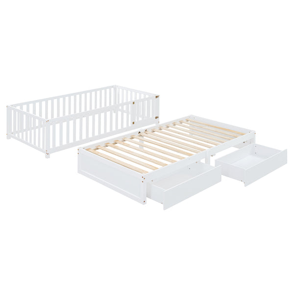English Elm Twin Pinewood Daybed with Fence Guardrails Splits Into Two Floor Beds Storage White LP100881AAK