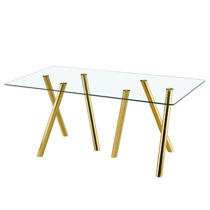 English Elm Tempered Glass Rectangular Dining Set Seats 8 with Glam Metal Legs Pu Leather Chairs Gold,White W3875S00055