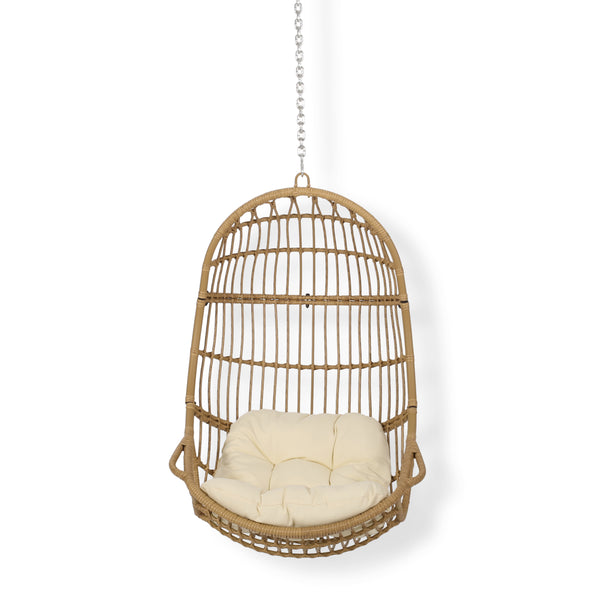 English Elm Christopher Knight Home® - BERKSHIRE Wicker Hanging Chair with 8ft Chain — Weather‑Resistant Faux Rattan Swing, 300 lb Capacity Brown+Beige 70843.00LBGE