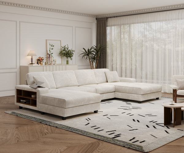 English Elm Convertible U-Shaped Sofa With Storage, Cozy Corduroy Fabric, Modern 4-Seat Design For Living Rooms W1793S00027