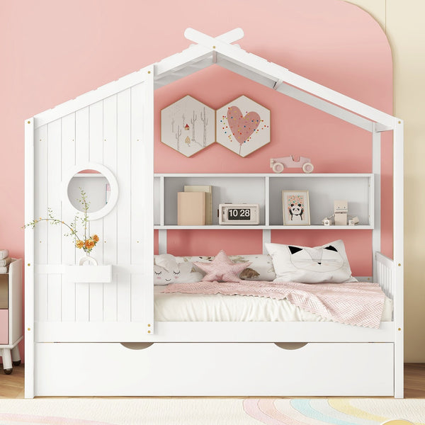 English Elm Wooden Twin House Bed with Trundle and 3 Back Shelves, Pine Frame Playful Loft Design for Kids White 41.7 L x 16.25 W x 6 H N733S316110K