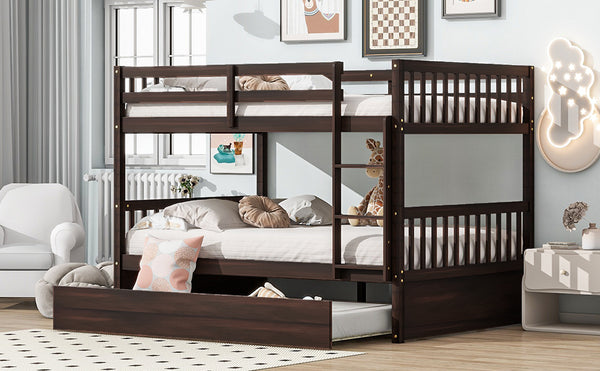 English Elm Full Over Full Bunk Bed With Twin Trundle, Ladder & Guardrails – Stylish Espresso Design & Versatile! W504S00227