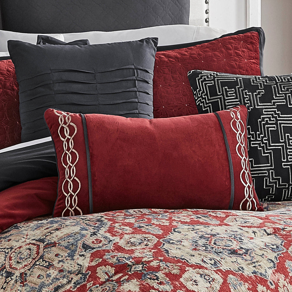 English Elm Sadler King 10pc Comforter Set in Red Faux Linen Medallion Print — Burgundy & Blue Jewel Tones, Embroidered Pillows, Bedskirt B340P341979
