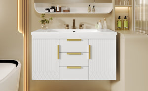English Elm 36'' Wall Mounted Bathroom Vanity with Sink, Floating MDF Cabinet, 2 Drawers, Rust-Resistant Handles White N710P253035K