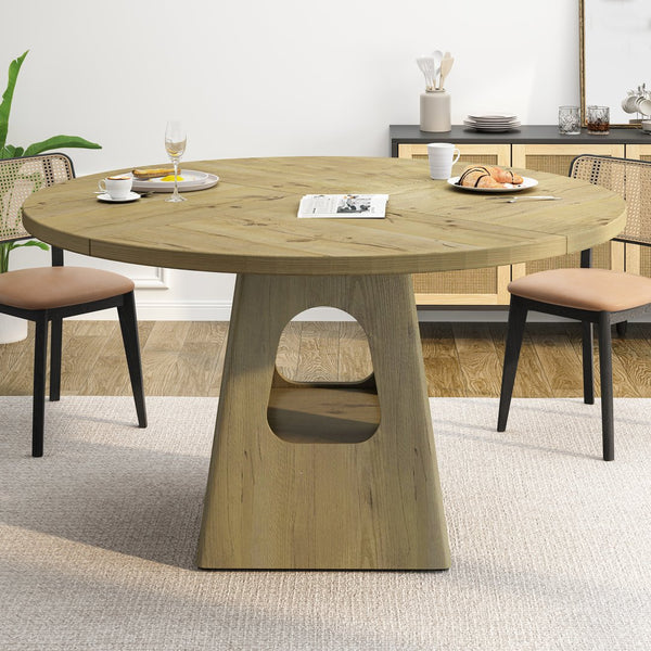 English Elm Round Farmhouse Dining Table 47 Inch Wooden Top with Lower Storage Shelf Seats Six Natural W757P367148