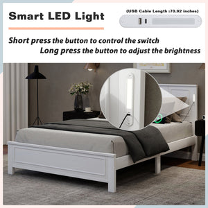 English Elm Queen Pinewood Platform Bed Farmhouse Tall Panel Headboard with Led Lighting and Usb Ports White W504P391091