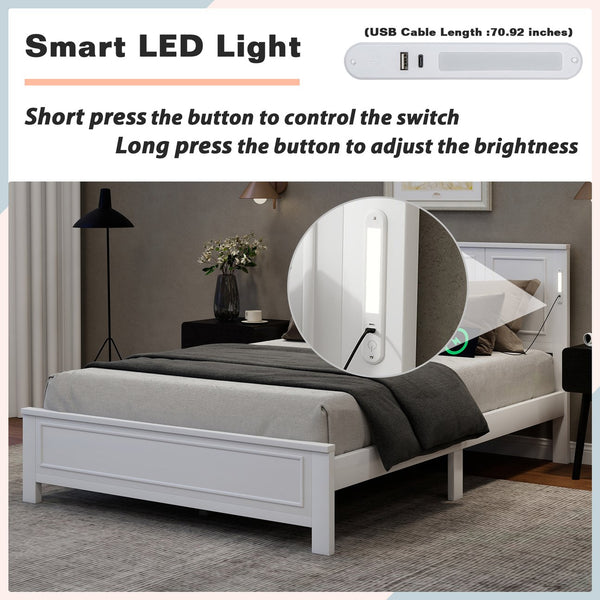 English Elm Queen Pinewood Platform Bed Farmhouse Tall Panel Headboard with Led Lighting and Usb Ports White W504P391091