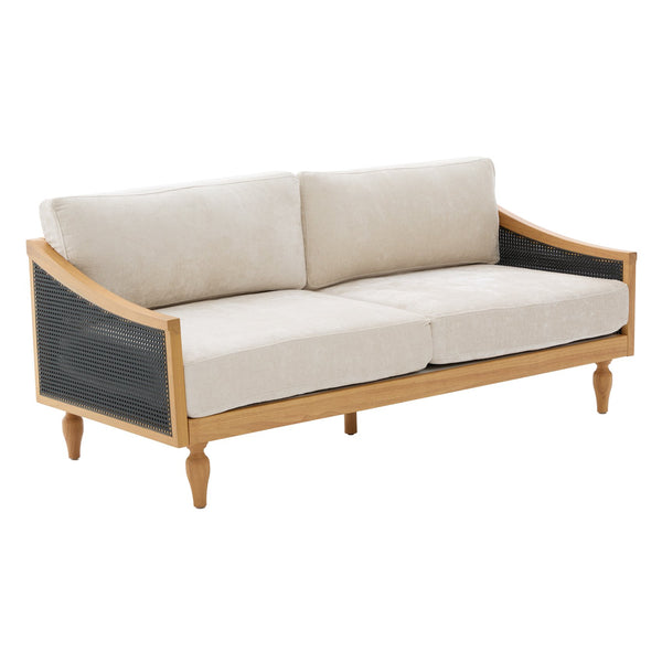 English Elm Mid-century Loveseat with Rattan Armrests Chenille Upholstery and Rubberwood Legs N763P379762Z