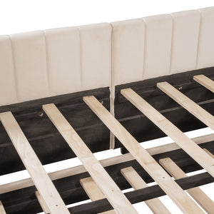 English Elm Full L-Shaped Upholstered Daybed with Twin Pop-Up Trundle, Vertical Stripe Design, Cozy Lounge Style (98) Beige SF000191AAA