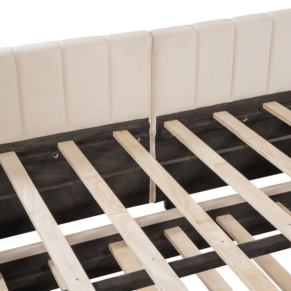 English Elm Full L-Shaped Upholstered Daybed with Twin Pop-Up Trundle, Vertical Stripe Design, Cozy Lounge Style (98) Beige SF000191AAA