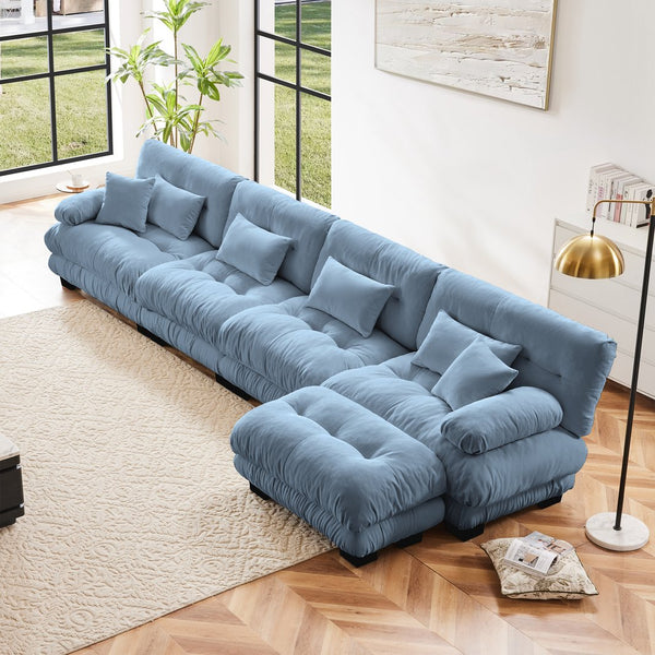 English Elm Free Modular Sectional Sofa - L-Shaped Cloud Couch With Convertible Ottoman & Chic Chenille Blue Finish W714S01179