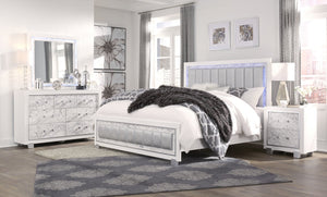 English Elm SKYE Luxurious Marble-Accented King Bed with Padded LED Headboard, Solid Wood Frame, Panel Design White 82.09 L x 40.55 W x 5.71 H B201S00117