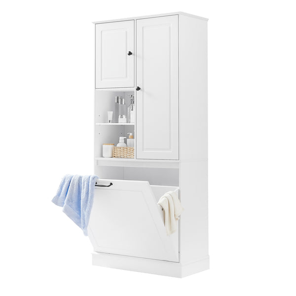 English Elm Tall Storage Cabinet with Flip-Out Basket, Adjustable Shelves & Aluminum Handles for Organized Living White N725P322739K