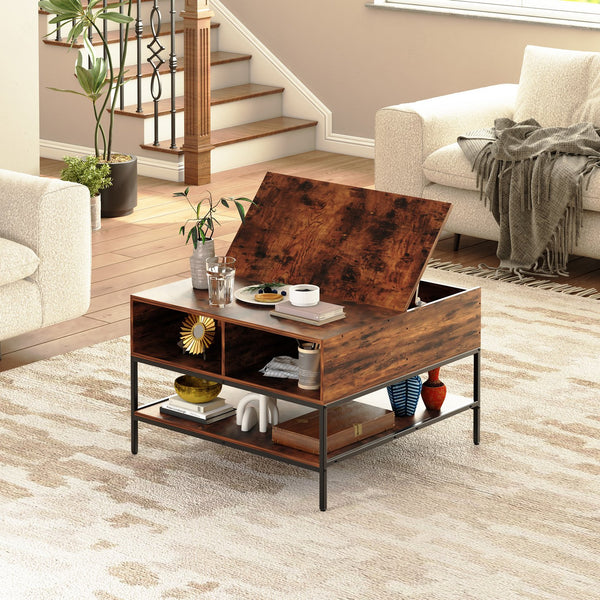 English Elm Farmhouse Flip Top Coffee Table With Hidden Storage – Rustic Wood & Metal Design For Stylish Living Rooms T2398P354184