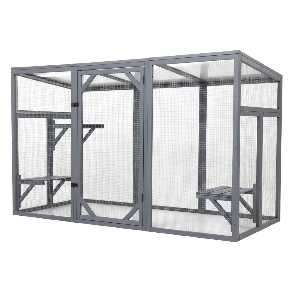 English Elm Outdoor Cedar Cat Enclosure with Polycarbonate Roof Three Platforms and Galvanized Mesh Run W2181P356206