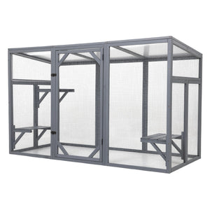 English Elm Outdoor Cedar Cat Enclosure with Polycarbonate Roof Three Platforms and Galvanized Mesh Run W2181P356206