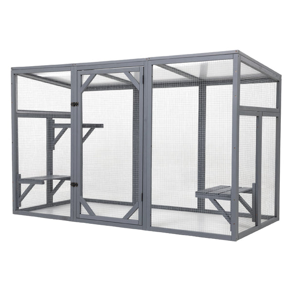English Elm Outdoor Cedar Cat Enclosure with Polycarbonate Roof Three Platforms and Galvanized Mesh Run W2181P356206