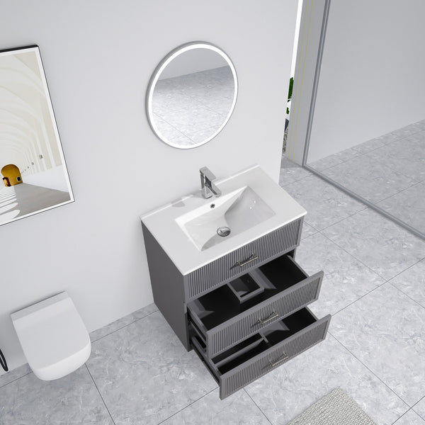 English Elm 30 Inch Bathroom Vanity With Ceramic Sink Combo - Modern Gray Freestanding Storage Cabinet Set W1550S00046