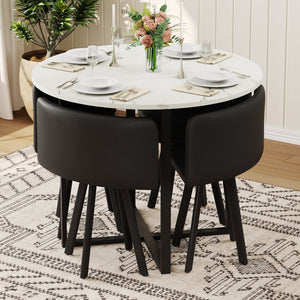 English Elm 5 Piece Round Faux Marble Dining Set with Pu Leather Chairs for Small Apartments Black,White W3875S00086