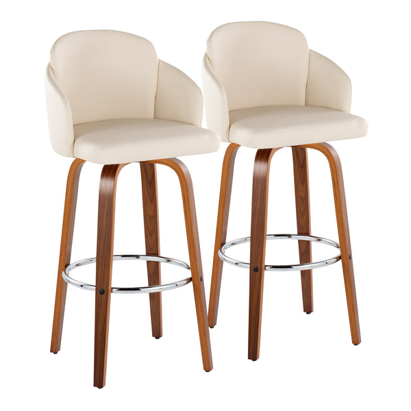 English Elm Fixed-height Mid-century Barstools with Walnut Legs and Grey Upholstered Seats Set B202S01903