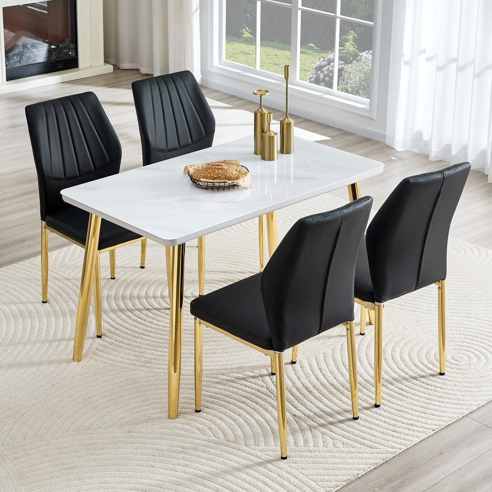 English Elm Table and Chair Set Marble Glass Top Gold Legs Modern 5 Piece Dining for Small Spaces White+Gold W1151S04636