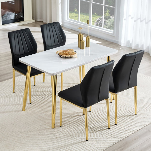 English Elm Table and Chair Set Marble Glass Top Gold Legs Modern 5 Piece Dining for Small Spaces White+Gold W1151S04636
